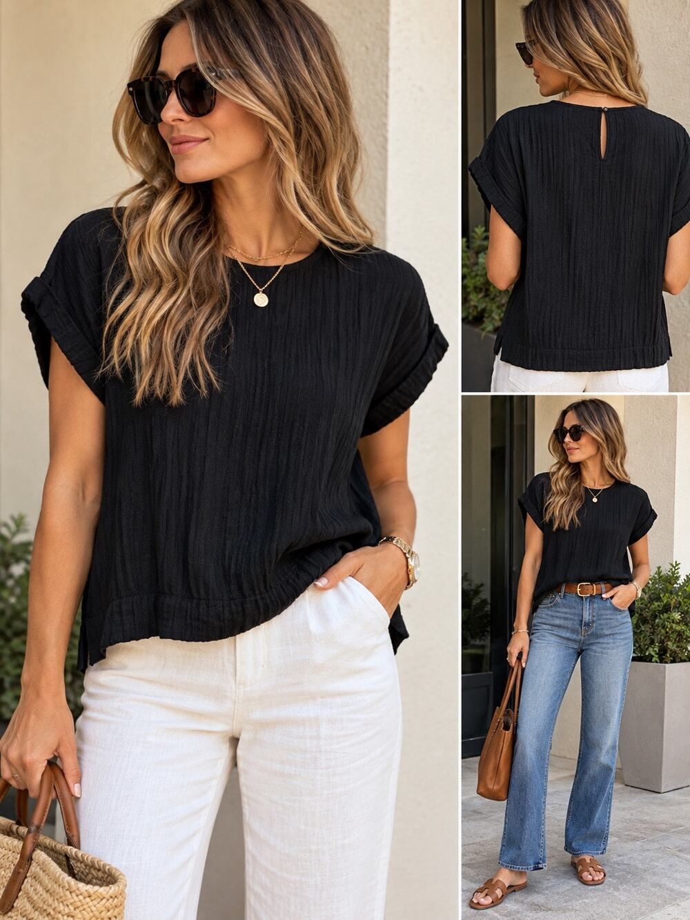ME+EM 100% Cotton Short Sleeve Pleated Crop Blouse Top Black Women's Size US 6